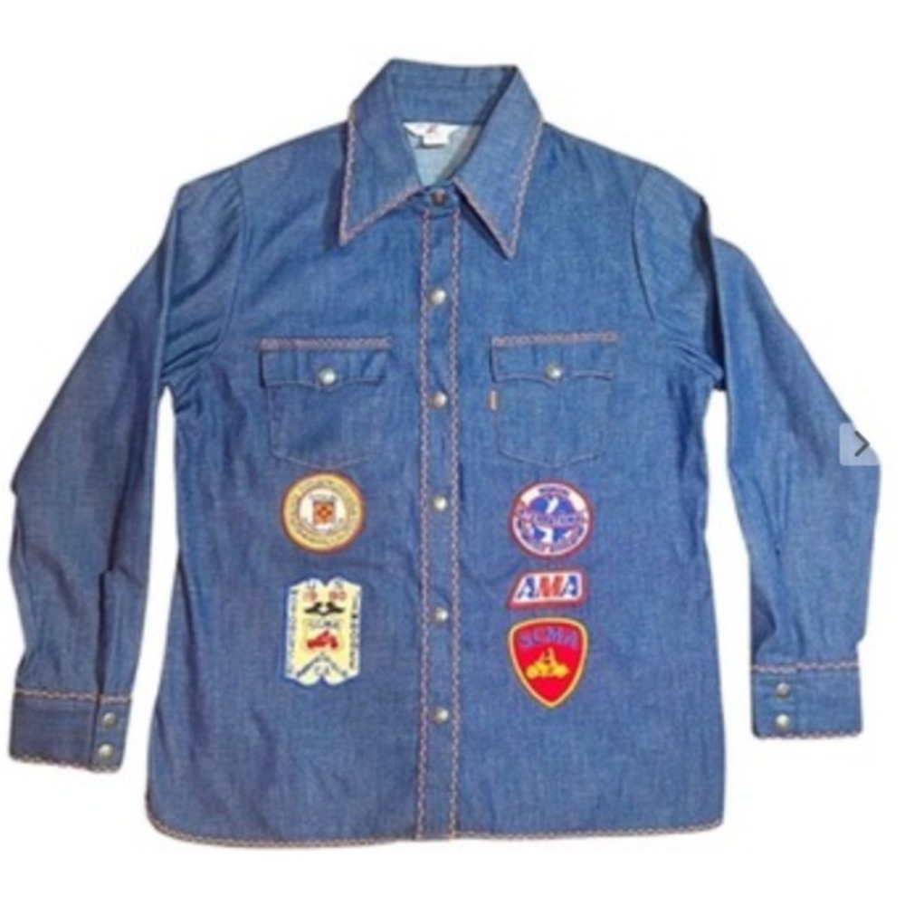 Vintage 1980s Denim Western Snap‎ Front Patch Shirt Motorcycle Americana